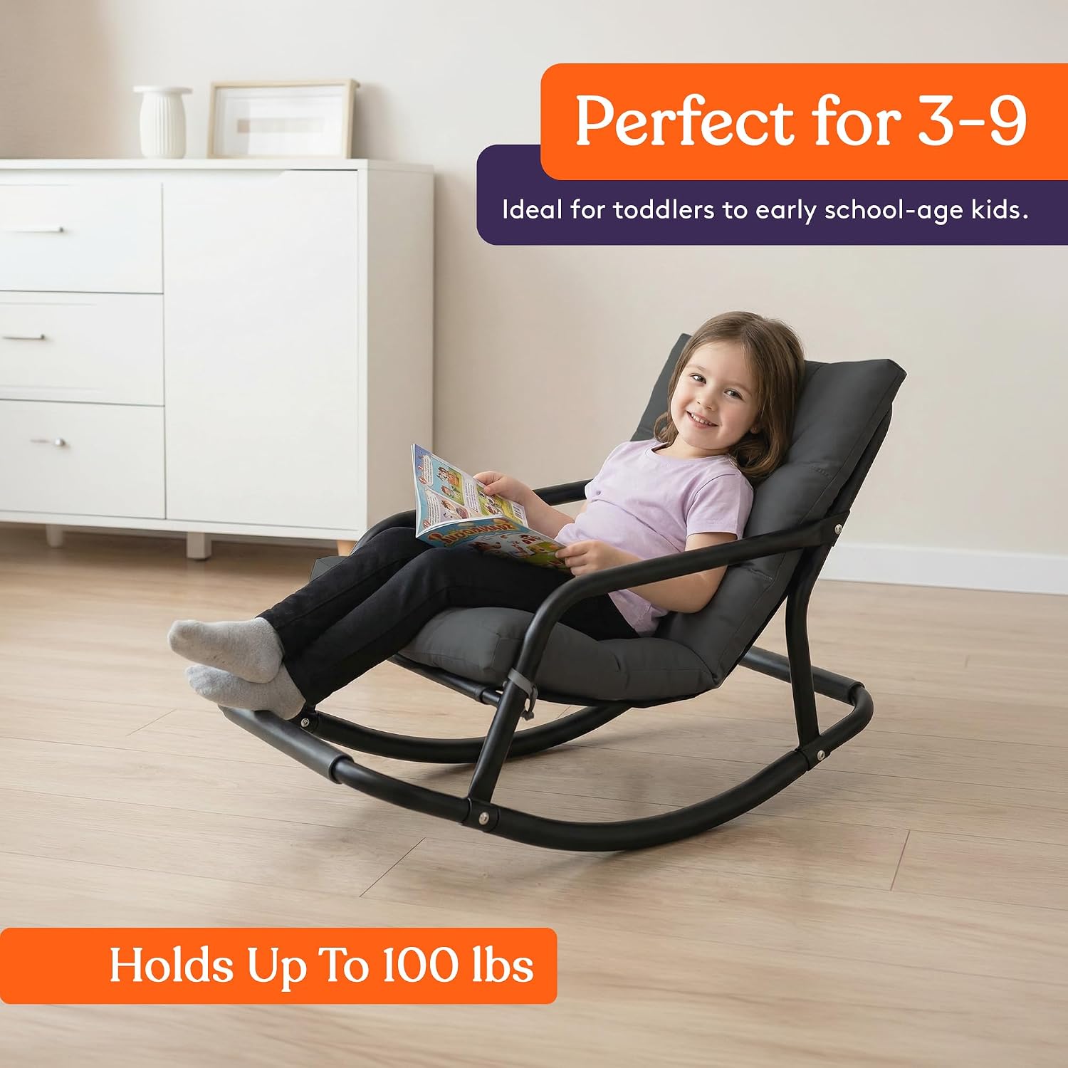 Special Supplies Sensory Tufted Rocking Chair for Kids - Comfortable Kids Rocker- Versatile Floor Chair with Soft Fabric and Stability for Playroom, Bedroom, or Nursery (Ages 3+) - Charcoal