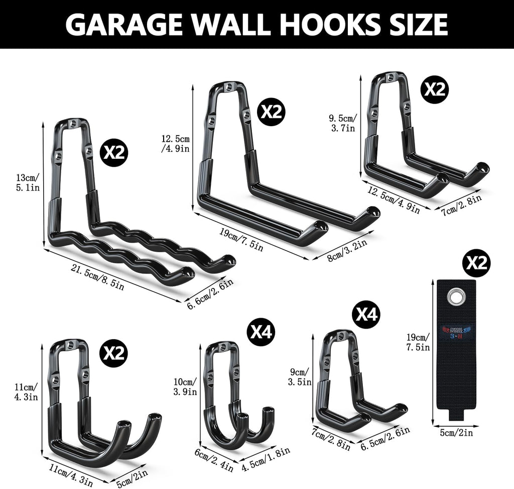 3-H Garage Wall Hooks 18 Pack, One-Piece Construction Garage Hooks Heavy Duty, Garage Accessories & Organizer Wall Mount for Ladders, Weedeaters, Garden Tools (Black)