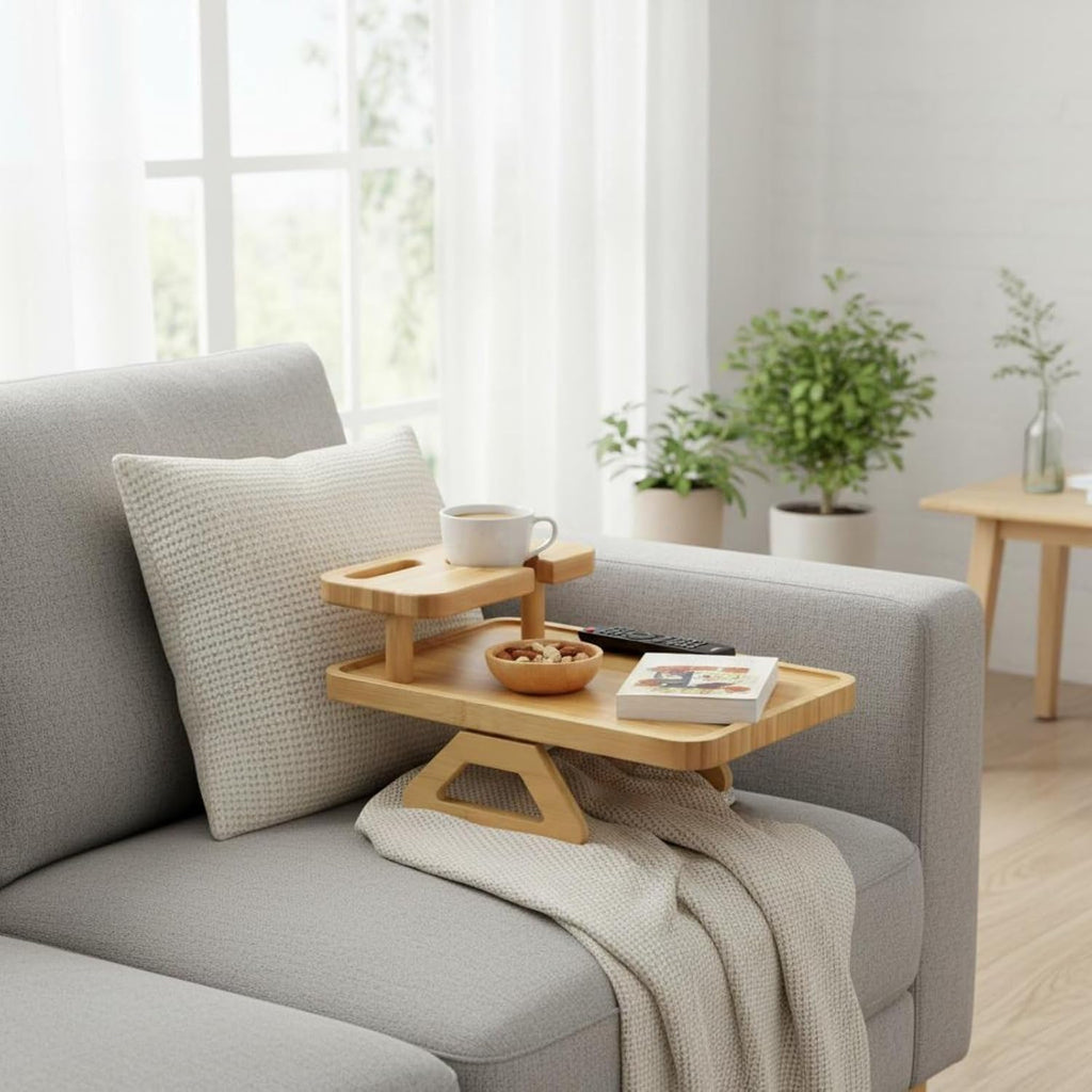 Double Layer Armrest Table Bamboo Couch Attachment with Non Slip Pads and Expandable Clip Suitable for Living Room Apartment Dorm Room