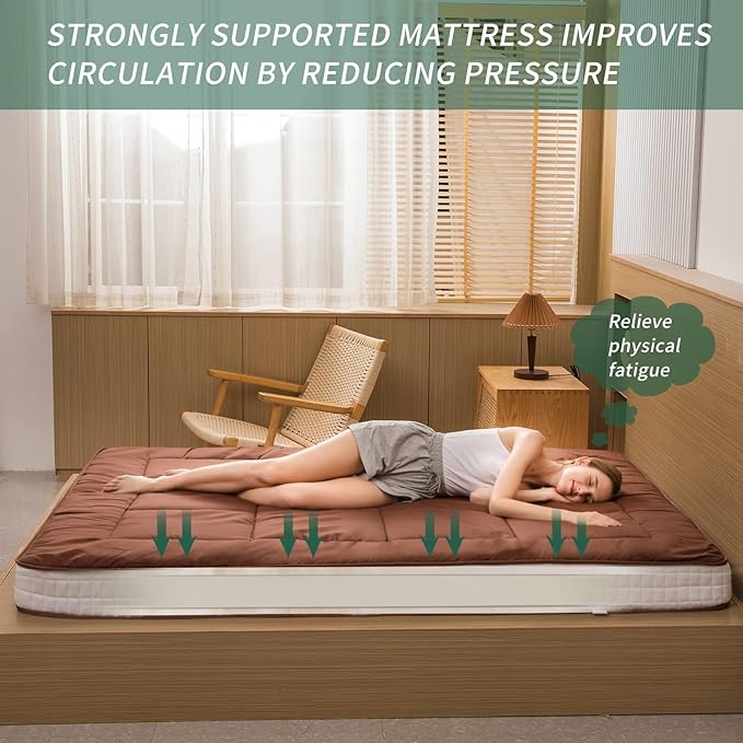 MAXYOYO Futon Mattress, Japanese Floor Mattress Full Size, Quilted Bed Mattress Topper, Extra Thick Folding Sleeping Pad Breathable Floor Lounger Guest Bed for Camping Couch, Coffee