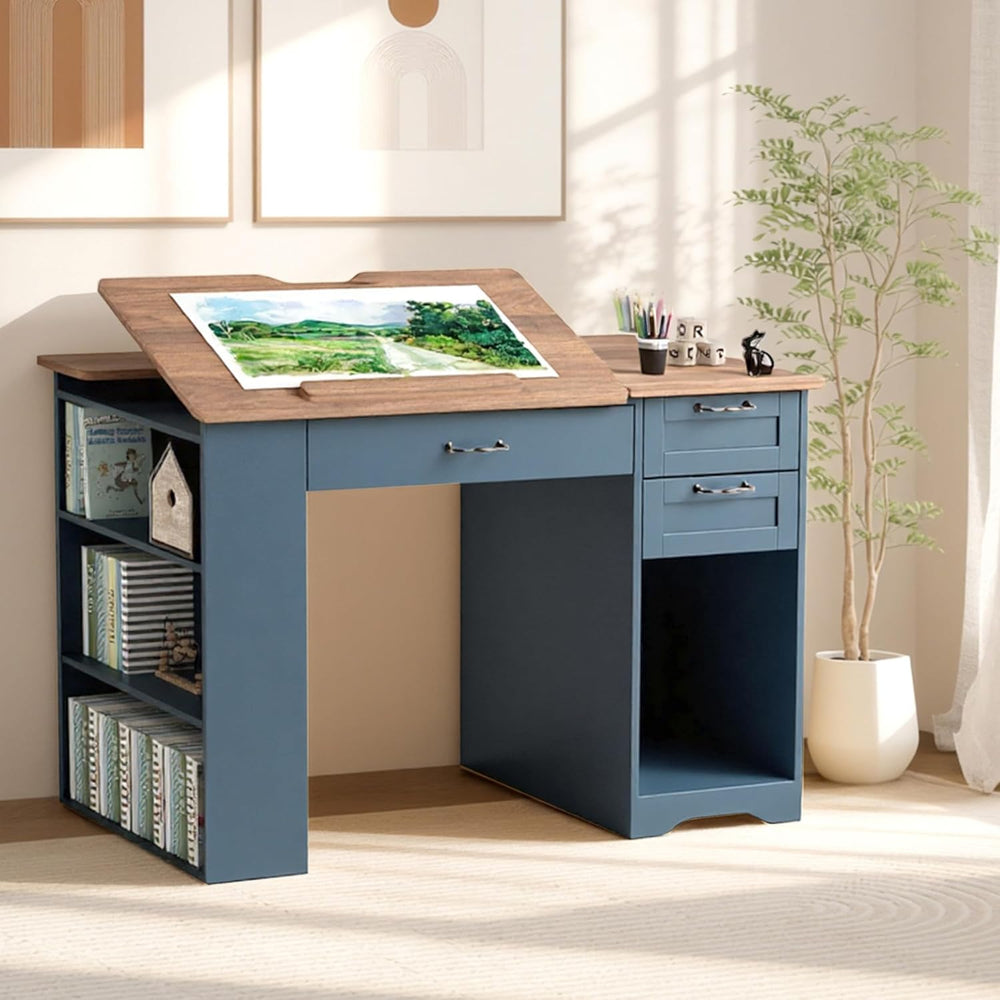 Drafting Table with Storage Cabinet & Drawers, Adjustable Drawing Desk wi...