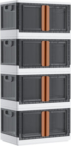 LCG 4-Tier Foldable Plastic Storage Bins with Lids and Doors, 76 Gallon (19 Gal x 4pack), Stackable Organizer Drawer (Extra Large)