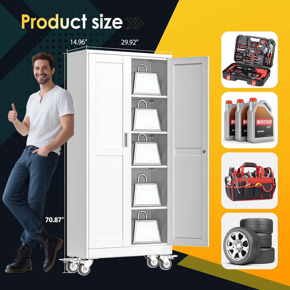 PAOFIN 71''H Tall Metal Garage Storage Cabinet with Wheels,Steel File...