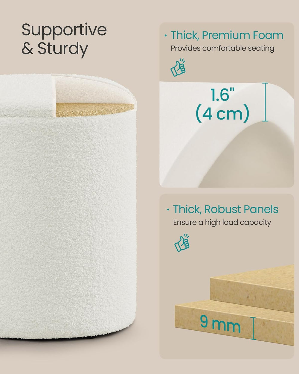 SONGMICS Vanity Stool, Set of 2, Round Storage Ottoman, Teddy Fleece | Small ...