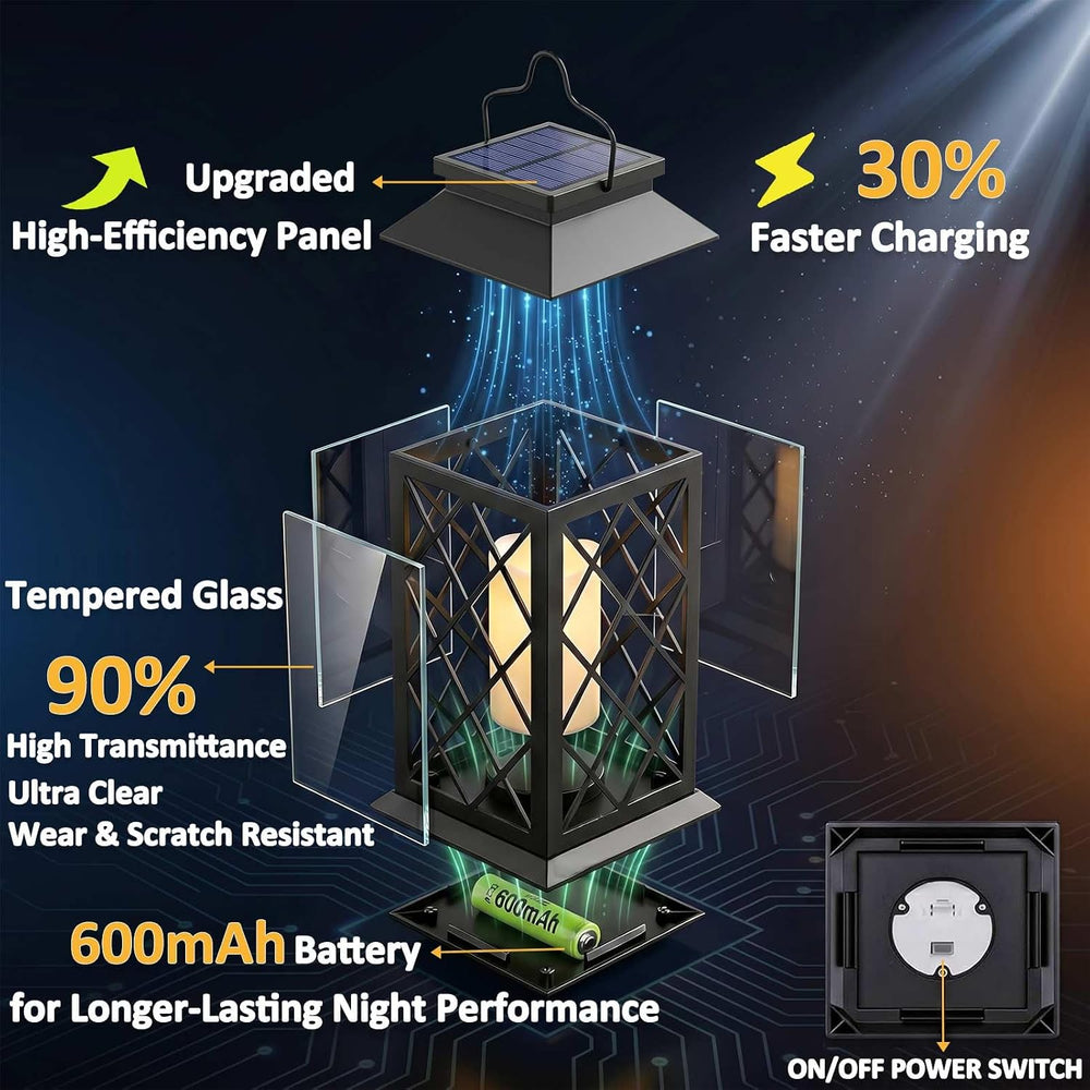 2 Pack 14" Large Tempered Glass Solar Lanterns Outdoor Waterproof, Black