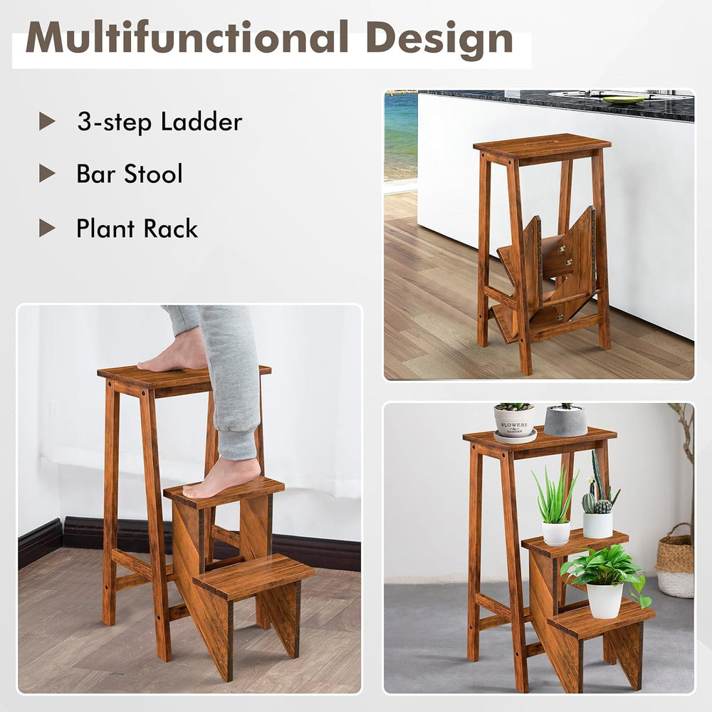 Giantex 3 Tier Folding Step Ladder, Multifunction 3-in-1 Wood Step Stool, Dis...