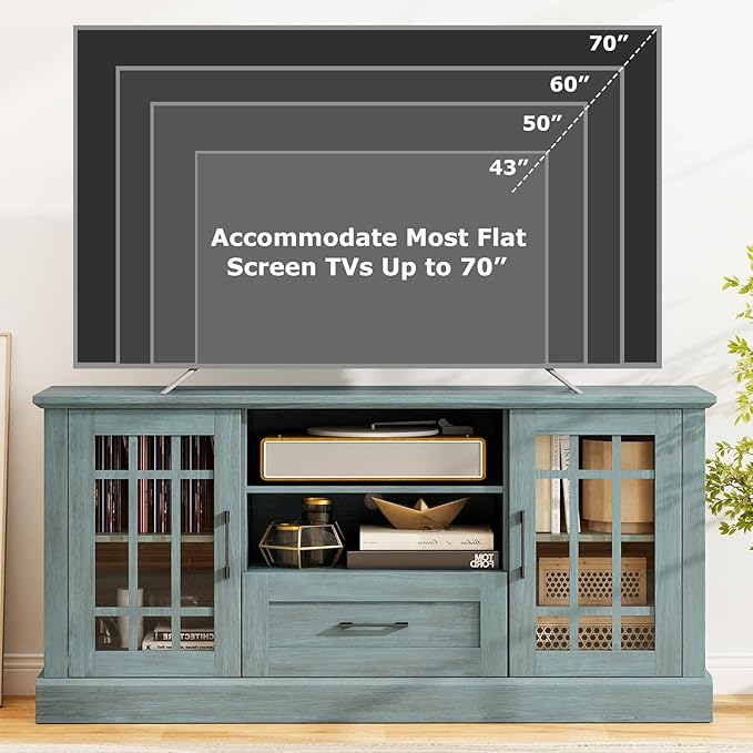 GOFLAME Farmhouse TV Stand for TVs up to 70", Entertainment Media Center Storage Cabinet with Glass Doors, Open Shelves & Drawer, Wooden Television Console Table for Living Room (Teal Blue)