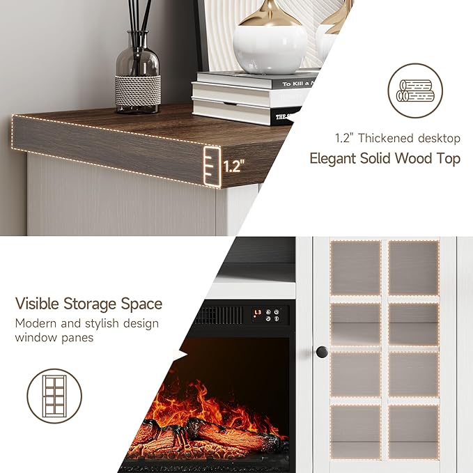 ONBRILL 59 Inch Fireplace TV Stand, Entertainment Center with 23 Inch Electric Fireplace, TV Table for TVs up to 65 Inches, Media Console Cabinet with Storage and Glass Doors for Living Room, White