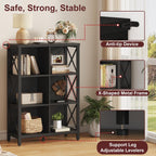 6 Cube Storage Organizer with Storage, 41.54 Inch Hight Modern 4-Tier Bookshelf with X-Shaped Metal Frame, Black Wood Bookcase for Living Room, Home Office, Bedroom, Easy Assembly