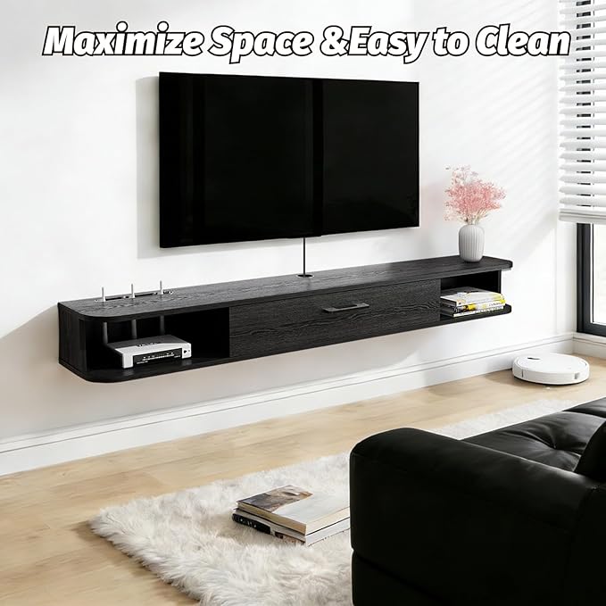 Floating TV Unit, 47'' Wall Mounted TV Cabinet, Floating Shelves with Door, Modern Entertainment Media Console Center Large Storage TV Bench for Living Room & Office (47.24IN, Black)