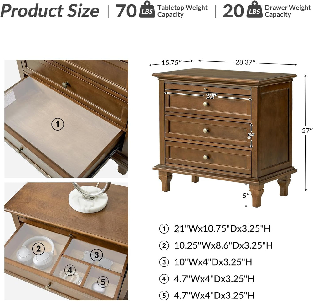 HULALA HOME Farmhouse 3 Drawer End Table with Charging Station, Walnut