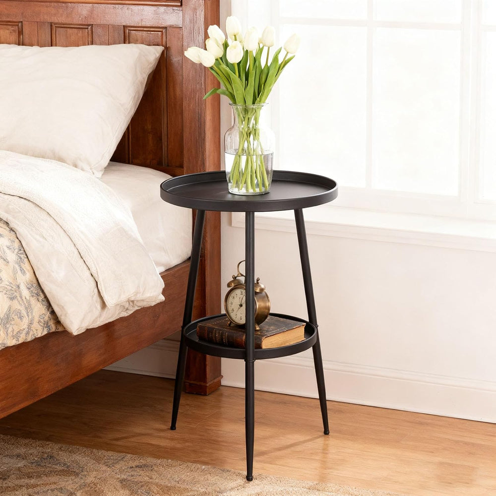 ShellKingdom Small Round Side Table, 2 Tier Metal End Table for Indoor Outdoo...