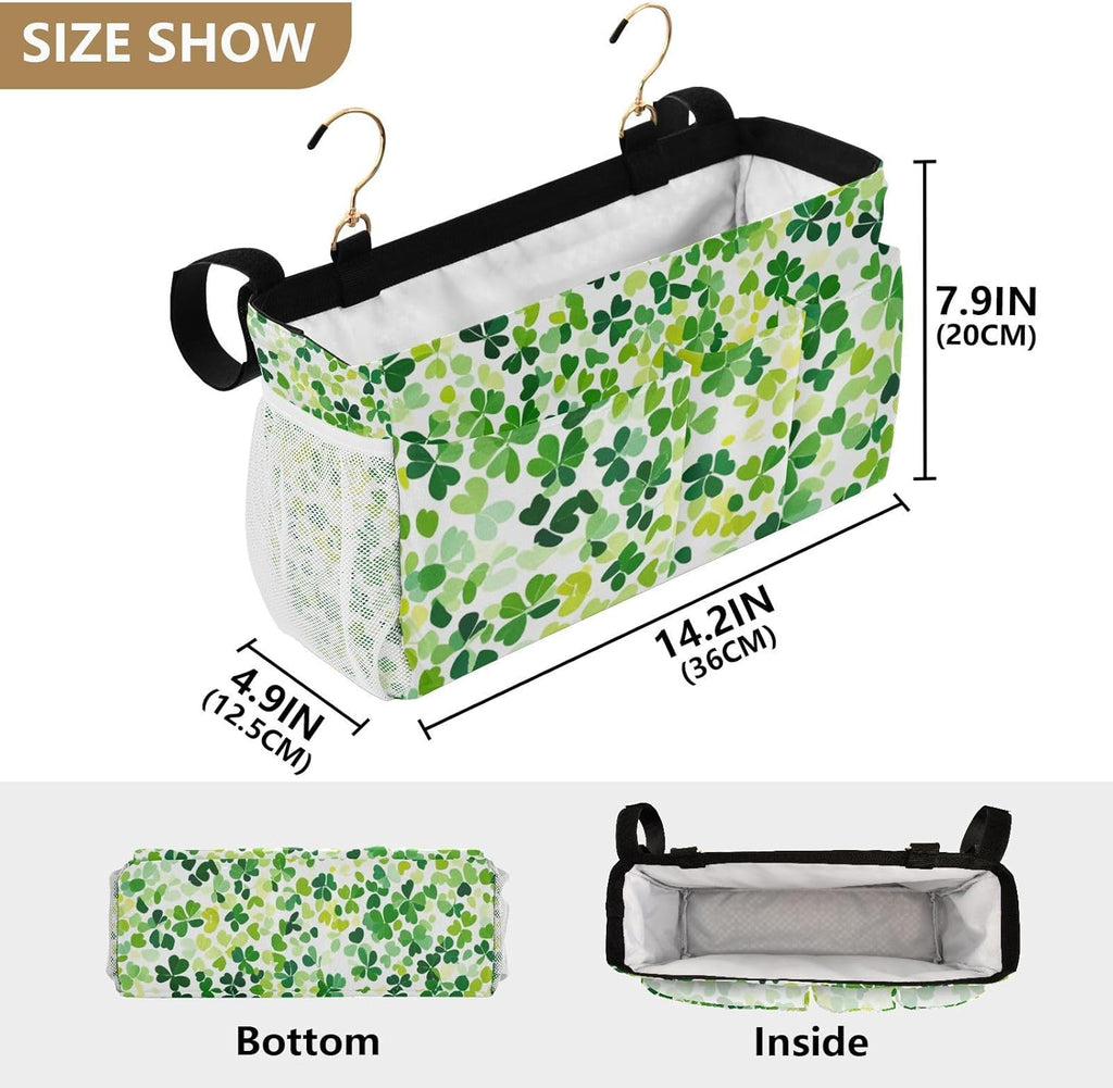 Bright Green Clover St. Patrick Bedside Caddy for Dorm Bed Bedside Hanging Caddy Bag Iron Frame Storage Organizer Pocket for Bunk Home College Hospital Beds 2 Hooks