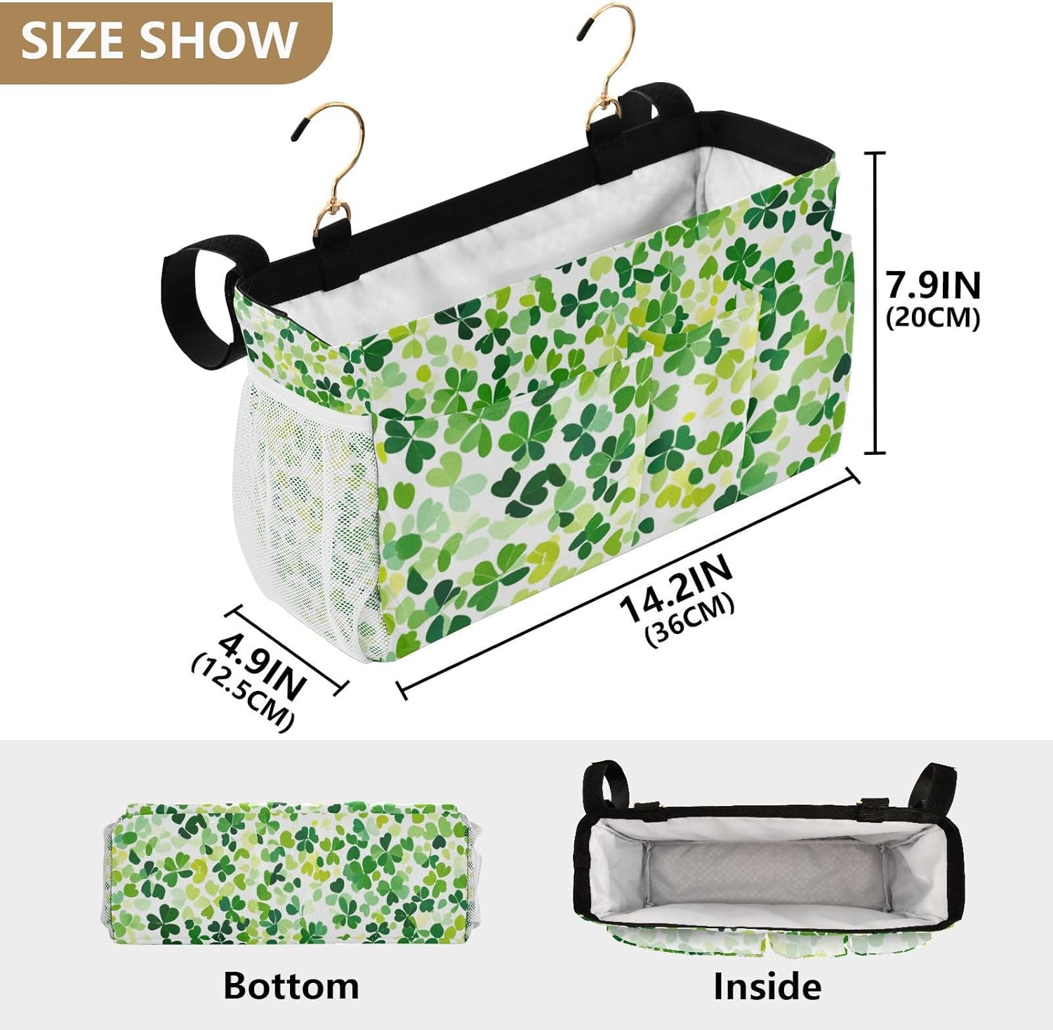 Bright Green Clover St. Patrick Bedside Caddy for Dorm Bed Bedside Hanging Caddy Bag Iron Frame Storage Organizer Pocket for Bunk Home College Hospital Beds 2 Hooks