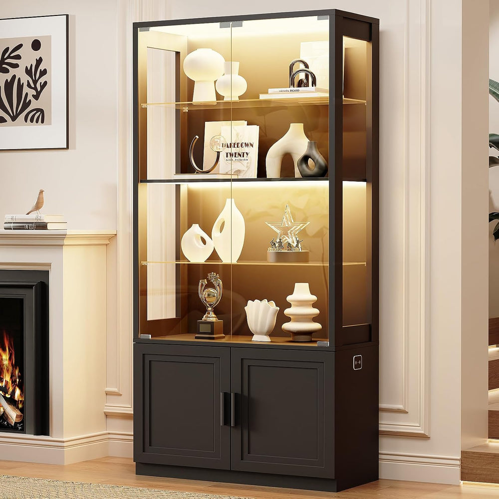 BROTTAR 67" Display Cabinet with Glass Doors, 4-Tier Curio Cabinet, Black