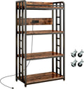 METYERRY Adjustable 4-Tier Heavy Duty Kitchen Baker's Rack with Power Outlet, with Industrial Wheels, Free Standing Microwave Oven Cart Stand for Storage in Living Room, Garage, Rustic Brown