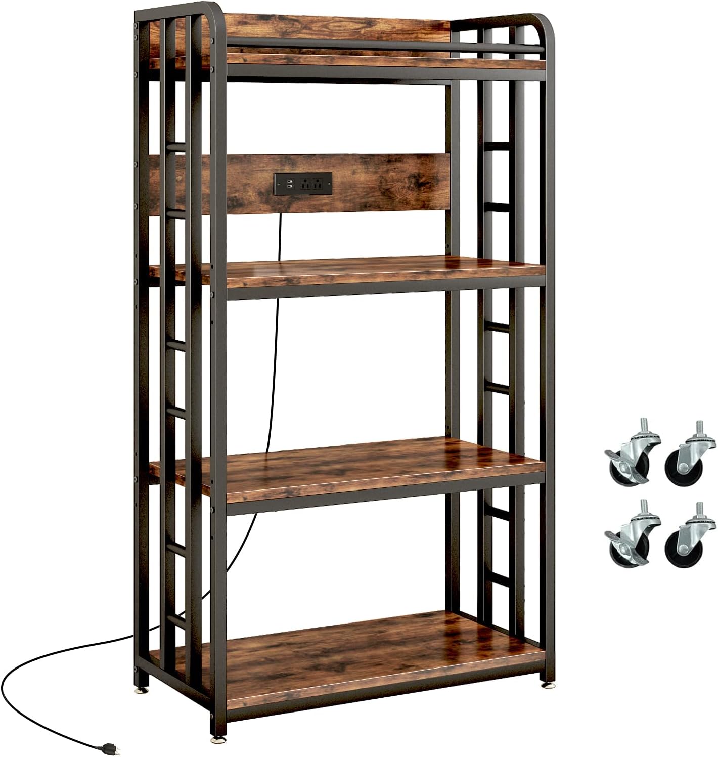 METYERRY Adjustable 4-Tier Heavy Duty Kitchen Baker's Rack with Power Outlet, with Industrial Wheels, Free Standing Microwave Oven Cart Stand for Storage in Living Room, Garage, Rustic Brown