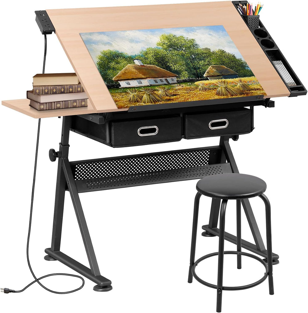 SUPER DEAL Drafting Table Set with Charging Station, Tilting Tabletop Adjusta...
