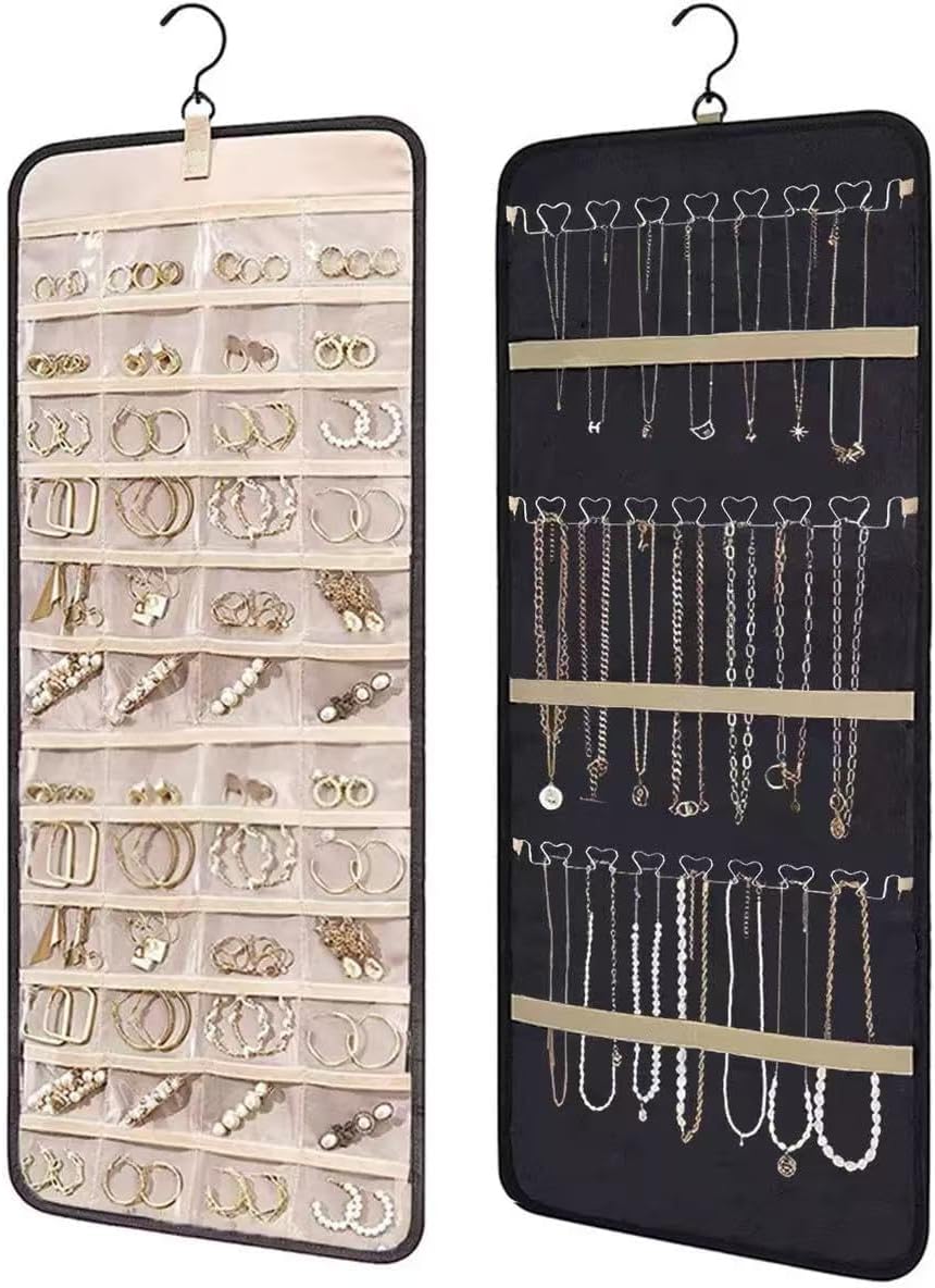 Hanging Jewelry Organizer, Dual-Sided Necklace Holder with Multiple Clear Pockets - Wall Mount & Over The Door Closet Storage for Earrings, Rings, Bracelets - 360° Rotating Hanger (1, Black, XL)