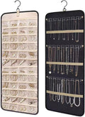 Hanging Jewelry Organizer, Dual-Sided Necklace Holder with Multiple Clear Pockets - Wall Mount & Over The Door Closet Storage for Earrings, Rings, Bracelets - 360° Rotating Hanger (1, Black, XL)
