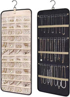 Hanging Jewelry Organizer, Dual-Sided Necklace Holder with Multiple Clear Pockets - Wall Mount & Over The Door Closet Storage for Earrings, Rings, Bracelets - 360° Rotating Hanger (1, Black, XL)