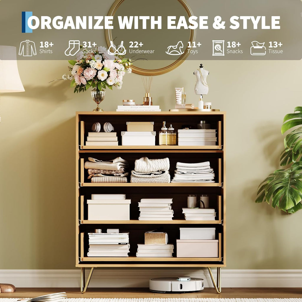 Garvee Fluted Dresser for Bedroom with 4 Drawers,32" Wide Modern Chest of Wooden Bedroom Chest with Metal Handle,Wide Clothes Storage Organizer,Closet Dresser & TV Stand for Living Room,Natura Oak
