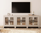 WAMPAT Farmhouse TV Stand for TVs up to 85”, Rustic Wood Entertainment Center with Adjustable Shelf, Glass Doors & Storage, Media Console Cabinet for Living-Room, Bedroom, Beige