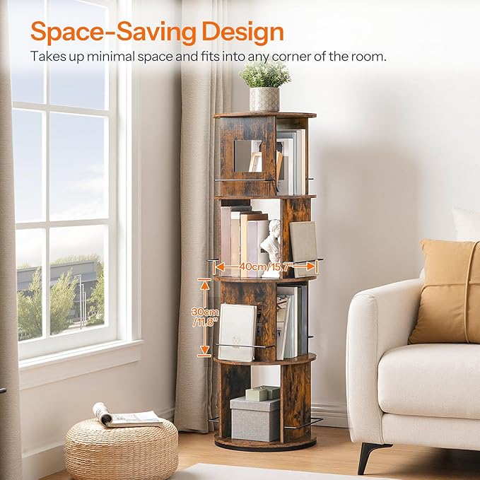 HOOBRO Rotating Bookshelf, 360° Spinning Bookshelf for Small Spaces, 4-Tier Floor Standing Bookcase Storage Rack, Wooden Corner Bookcase for Living Room, Study, Office, Rustic Brown and Black FG54SJ01