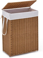 Slim Wicker Laundry Hamper with Lid, 55L Handwoven Rattan Basket with Handles, Narrow Laundry Basket with Removable Liner Bag & 2 Mesh Bags
