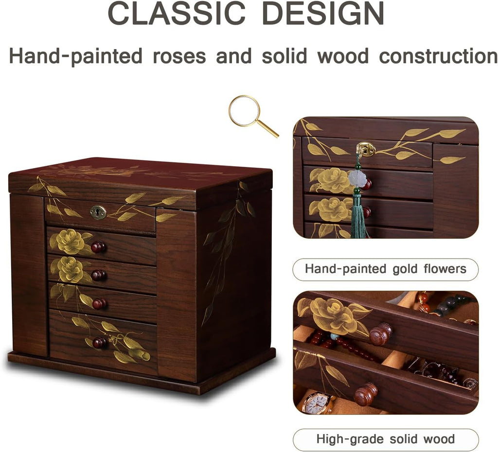 Wooden Jewelry Box for Women, 5-Layer Large Wood Jewelry Boxes & Organizer with Drawers for Rings Necklaces,Hand-painted rose flowers jewelry case organizer,jewelry safe