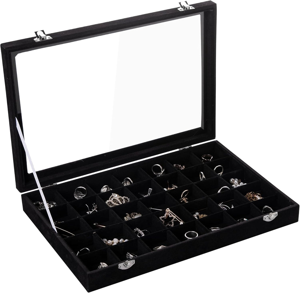 Frebeauty Velvet Jewelry Tray,35 Grid Jewelry Organizer with Clear Lid,Earring Holder Organizer Case with Clasp,Drawer Insert for Rings Studs,13.8 x 9.5 x 2 Inches,Gift for Women Girls(Black)