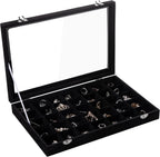 Frebeauty Velvet Jewelry Tray,35 Grid Jewelry Organizer with Clear Lid,Earring Holder Organizer Case with Clasp,Drawer Insert for Rings Studs,13.8 x 9.5 x 2 Inches,Gift for Women Girls(Black)