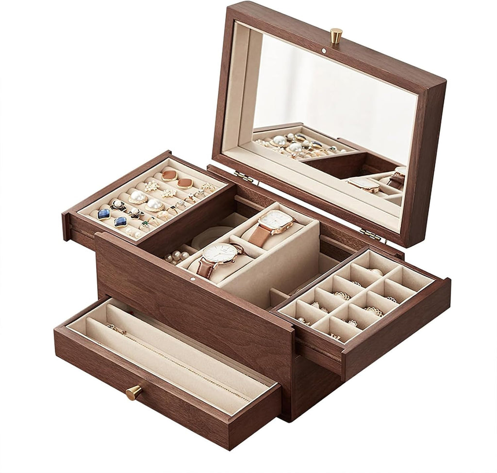 CHOSIN Black Walnut Jewelry Box for Women, 3-Level Multi-functional Organizer with Mirror for Watches, Necklaces, Rings & Earrings Storage Christmas Gifts