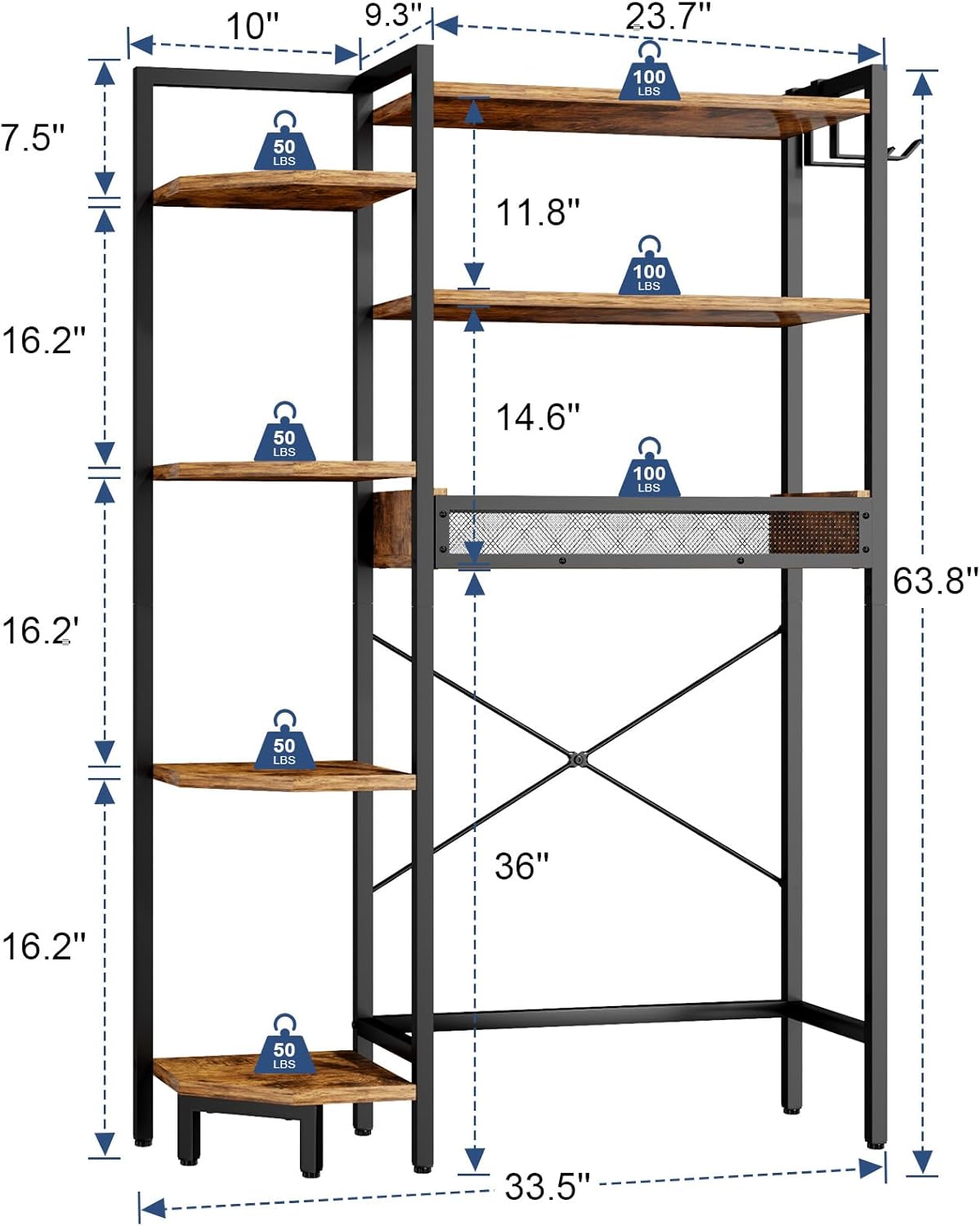 K1 Heavy Duty 7-Tier Over The Toilet Storage（With Basket and Paper Hook）Freestanding Above Toilet Shelf with Adjustable Feet，Space Saver Bathroom Shelves 9.3"D x 33.5"W x 63.8"H，Rustic Brown
