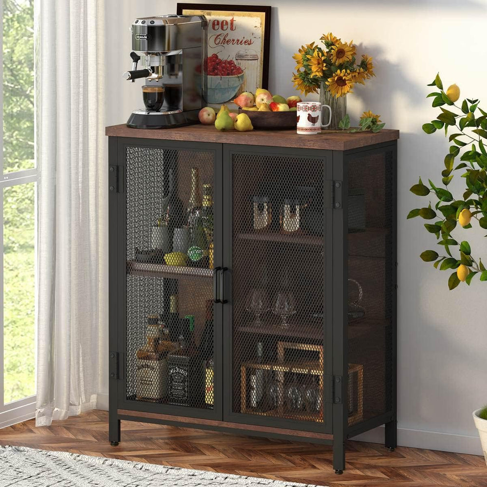 BON AUGURE Small Coffee Bar Cabinet, Liquor Storage, Rustic Oak, 2-Doors