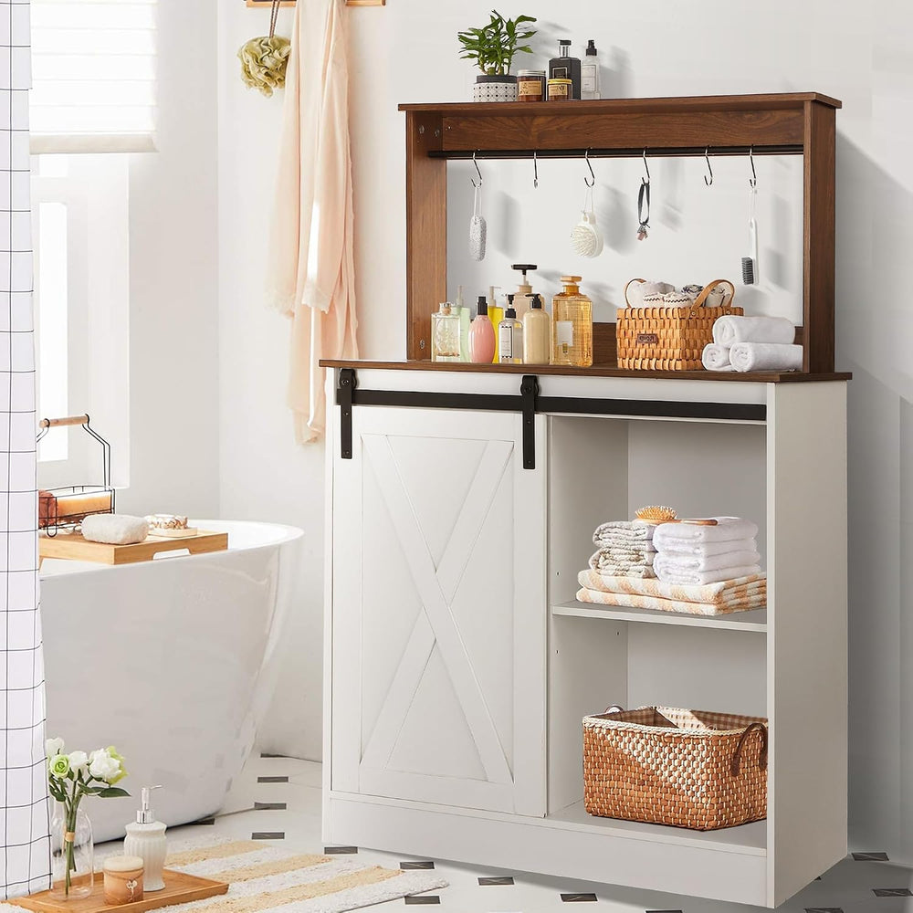 Farmhouse Coffee Bar Cabinet with Sliding Barn Door and Storage