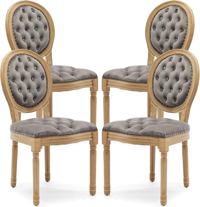 Upholstered Dining Chairs Set of 4 French Country Oval Fabric Back Kitchen Side Chair with Wood Legs for Dining Room, Kitchen, Restaurant(Grey-Velvet)
