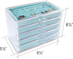 Frebeauty Extra Large Acrylic Jewelry Box for Women 5 Layers Clear Jewelry Organizer Velvet Earring Box with 5 Drawers Rings Display Case Necklaces Holder Tray for Women Girls (Turquoise)