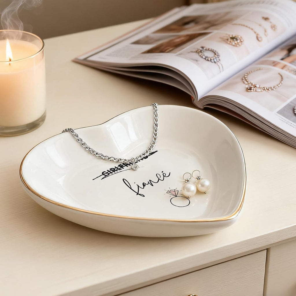 Fiance Jewelry Dish Tray – Engagement Ring Holder Ceramic Trinket Dish, Elegant Jewelry Organizer for Women, Bridal Shower Engagement Gift for Future Wife