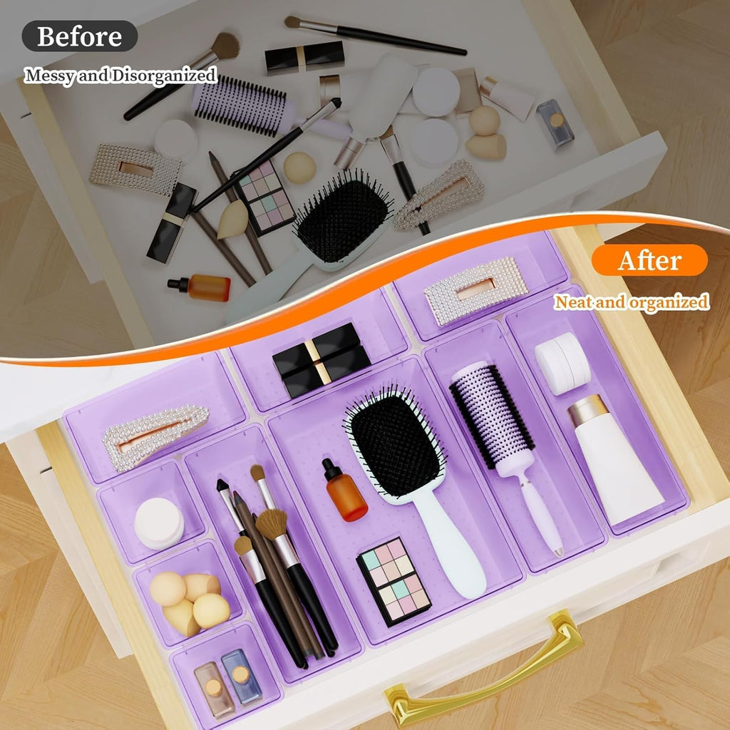 32 PCS Clear Plastic Drawer Organizer Set, 4-Size vanity organizer Trays and Storage Bins for Makeup, Jewelry and Gadgets in Bedroom, Bathroom and Office, Clear Purple