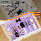 32 PCS Clear Plastic Drawer Organizer Set, 4-Size vanity organizer Trays and Storage Bins for Makeup, Jewelry and Gadgets in Bedroom, Bathroom and Office, Clear Purple