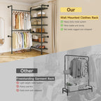 L2 Wall Mounted Closet System, Industrial Pipe Clothing Rack Clothes Racks with 2 Telescopic Rod & 6 Shelves, Heavy Duty Closet Organizers System in Wardrobe Closet, Black