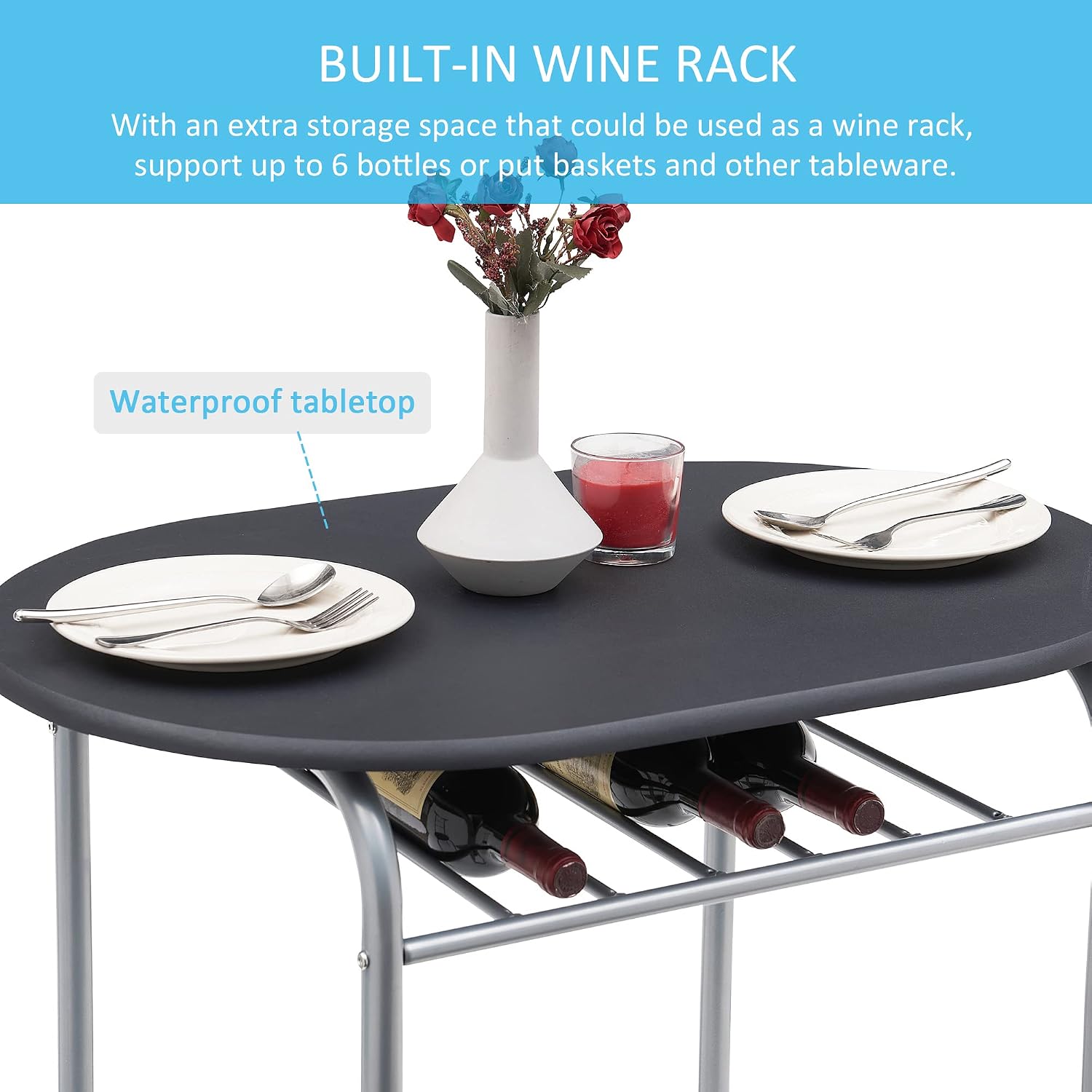 VECELO 3 Piece Wood Round Table & Chair Set for Dining Room Kitchen Bar Breakfast, with Wine Storage Rack, Space Saving, Black