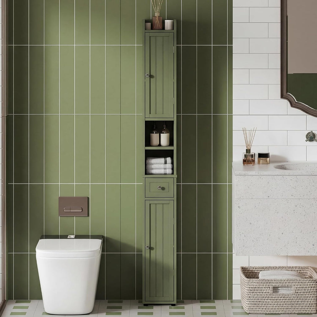 ChooChoo Narrow Bathroom Storage Cabinet with Adjustable Shelves and Drawer | Tall Slim Storage Cabinet, Freestanding Cupboard for Small Spaces, Green