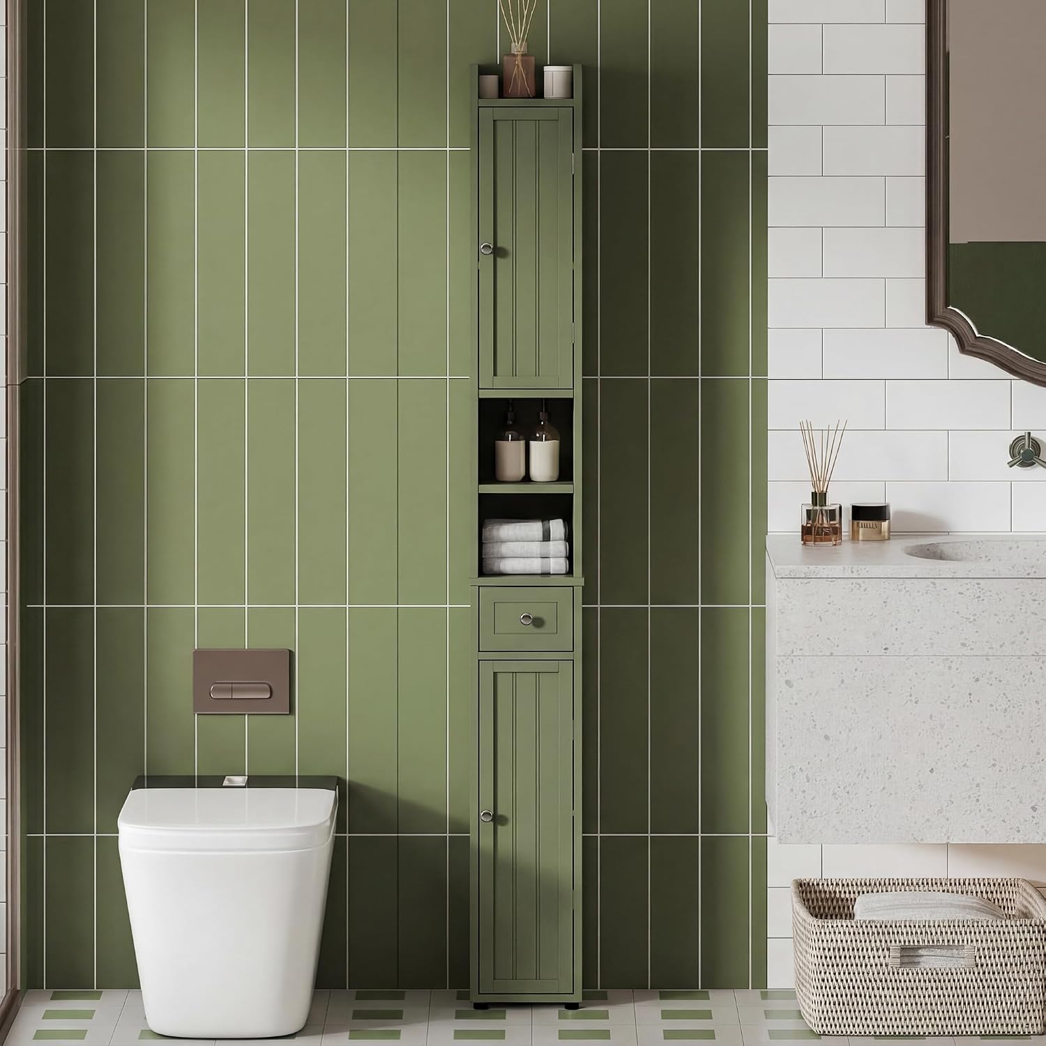ChooChoo Narrow Bathroom Storage Cabinet with Adjustable Shelves and Drawer | Tall Slim Storage Cabinet, Freestanding Cupboard for Small Spaces, Green