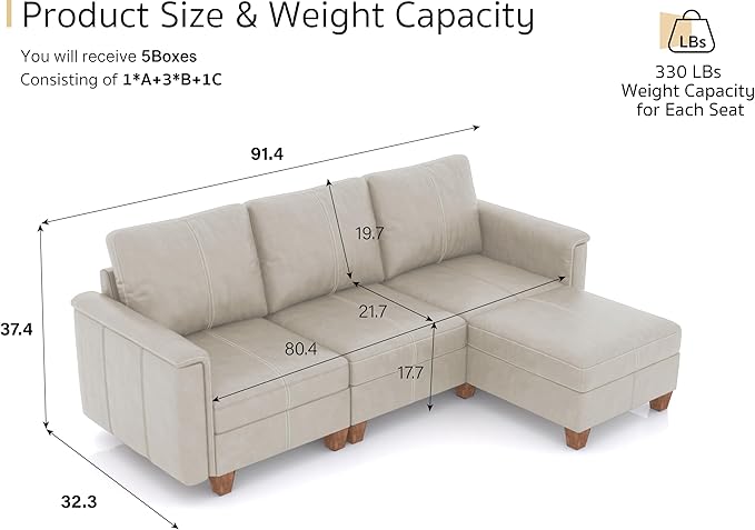 SITJOY 91" Faux Leather Modular Sectional Sofa with Storage, Mid Century Modern Sectional Couches for Living Room, Soft Padded Armrests, 3 Seater L-Shaped Couch with Ottoman, Greige