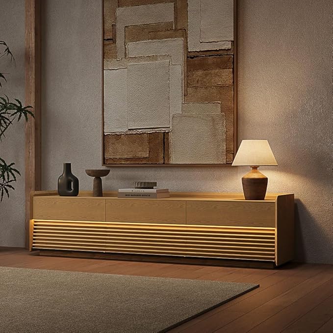 POVISON 79" Fully Assembled Mid Century Modern TV Stand with LED Lights, Media Console with 6 Drawers, Wood Slatted Entertainment Center, No Assembly Required, Fits 75-85 Inch TV