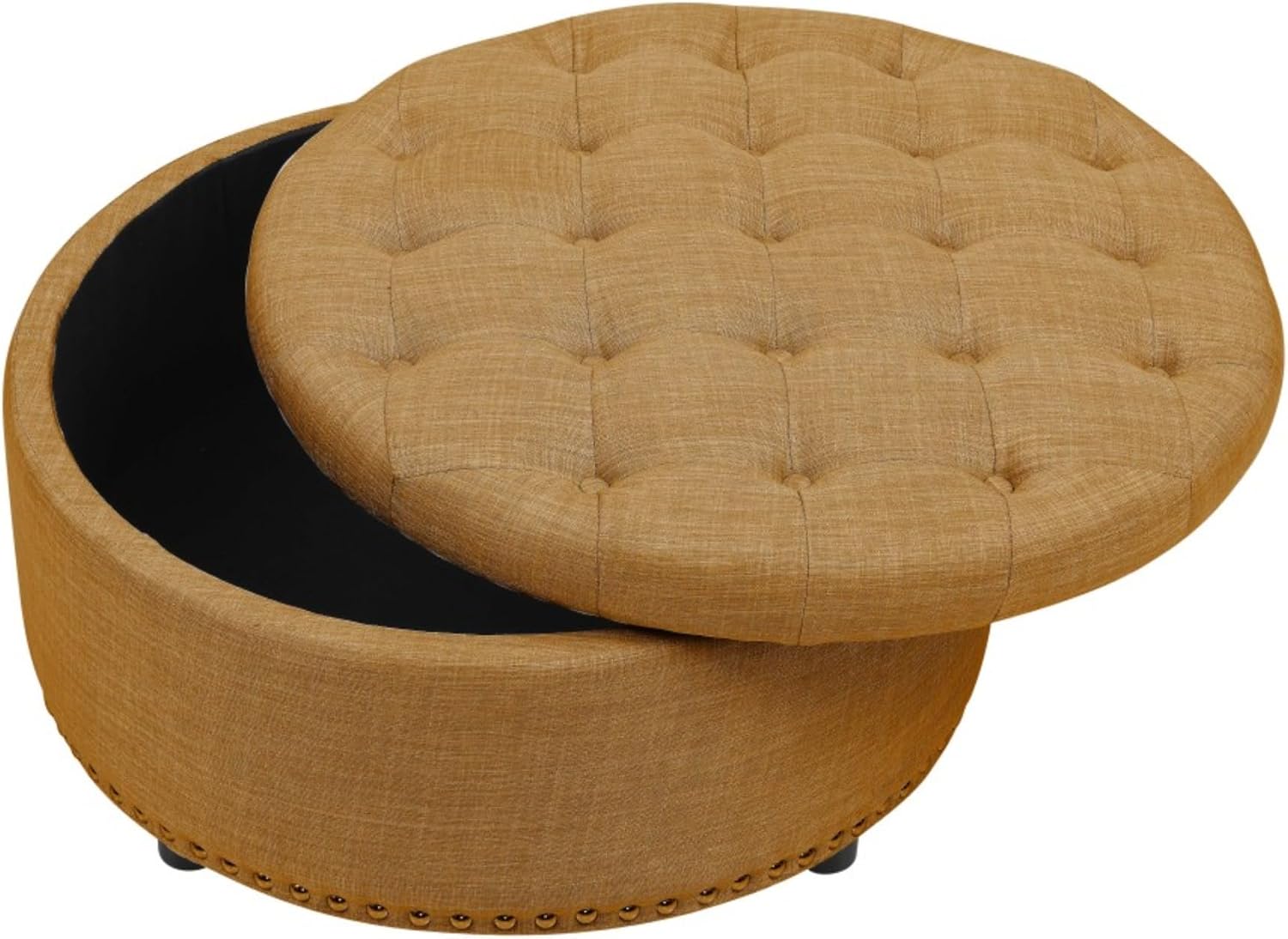 Tufted Storage Ottoman Round Upholstered Linen Ottoman Decorative Foot Stool with Storage for Living Room Bedroom Entryway Home Decor (Orange)
