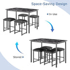 VECELO Kitchen Table and Chairs for 4, Dining Room Set with PU Chairs/Stools, Heavy-Duty Metal Frame, Faux Marble Tabletop, Space-Saving Design for Small Spaces, Easy Assembly, Elegant Black
