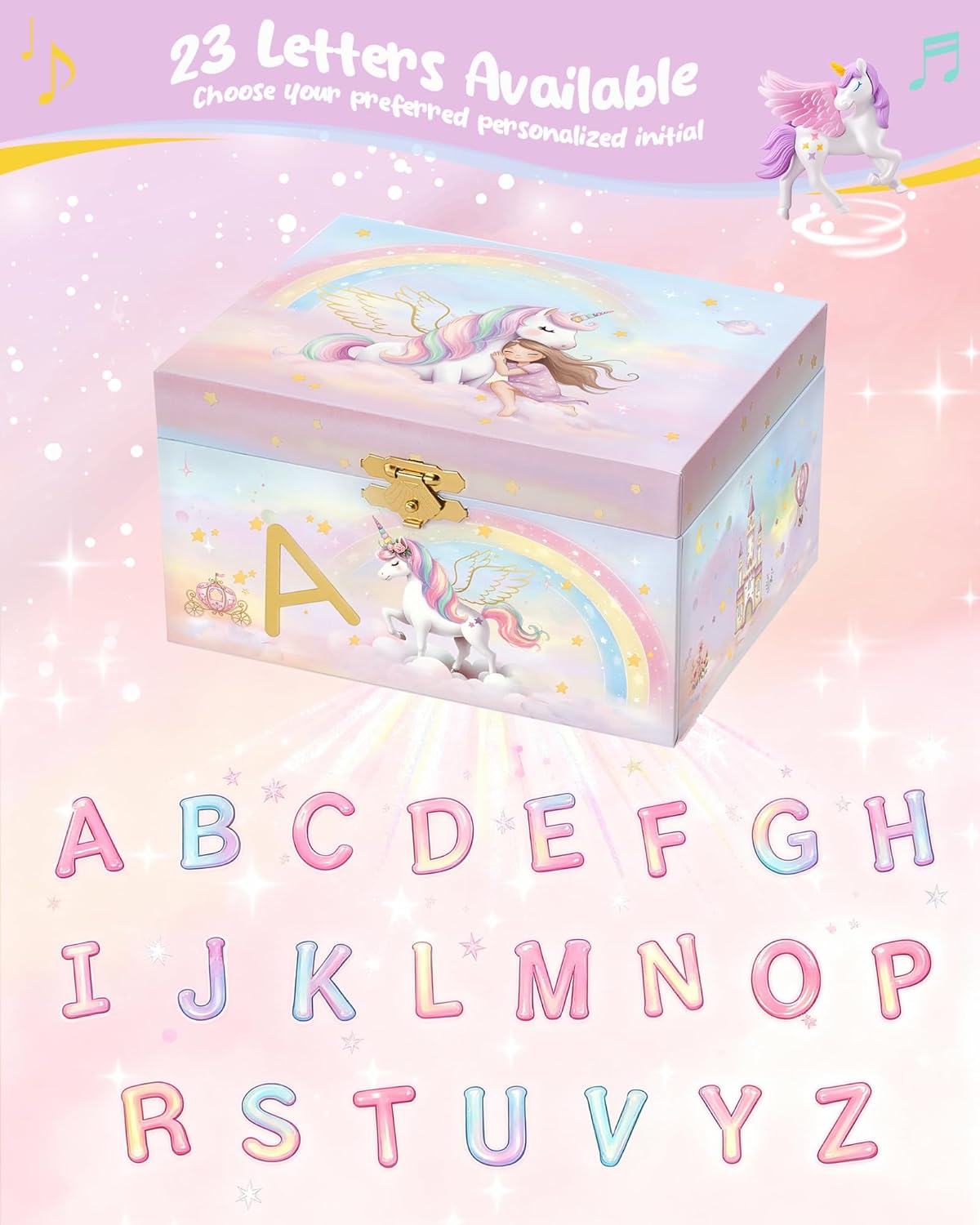 Lolalet Unicorn Jewelry Box for Girls, Kids Initial Musical Jewelry Organizer with Spinning Doll, Personalized Birthday Gifts for Little Girls Children Toddler Ages 3 4 5 6 7 8 (Box Only) -Letter A